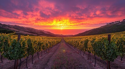 Fototapeta premium Vibrant sunset over a vineyard.