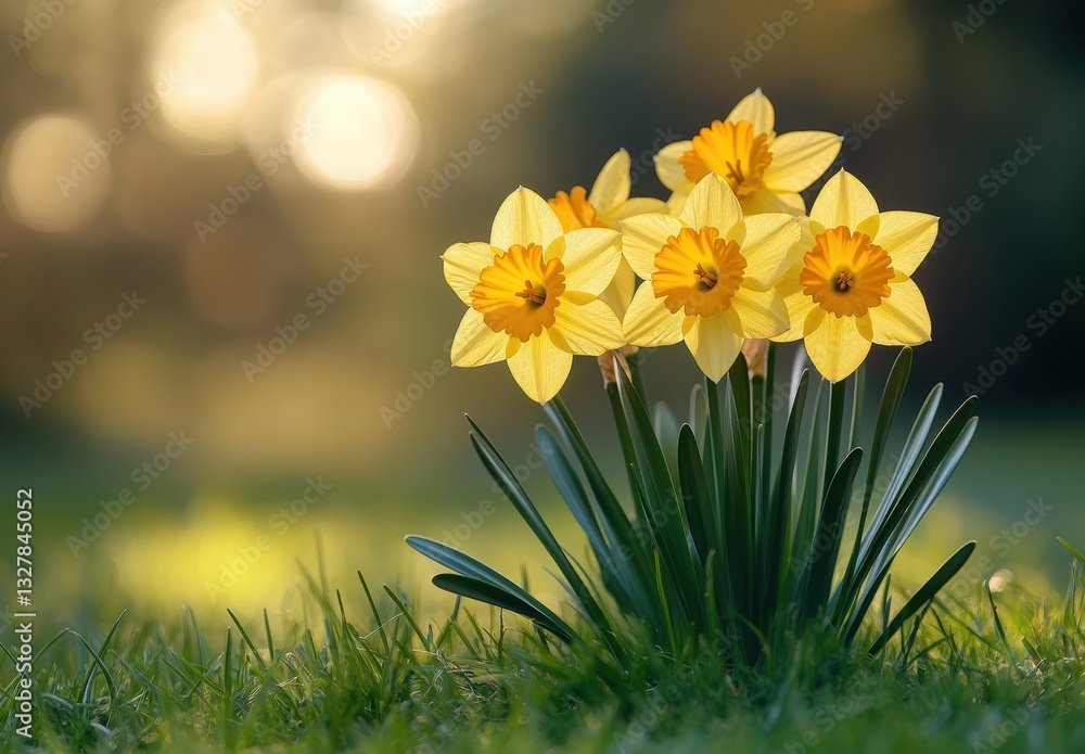Poster bright and vibrant daffodil flowers in a sunlit garden with soft bokeh background creating a serene 