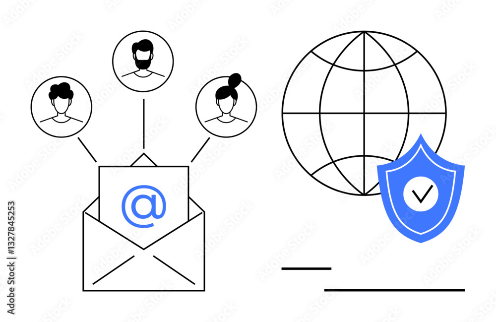 Aufkleber open envelope connected to user icons, symbolizing email sharing. globe with shield highlighting dat