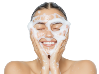 Woman washing her face with foam cleanser