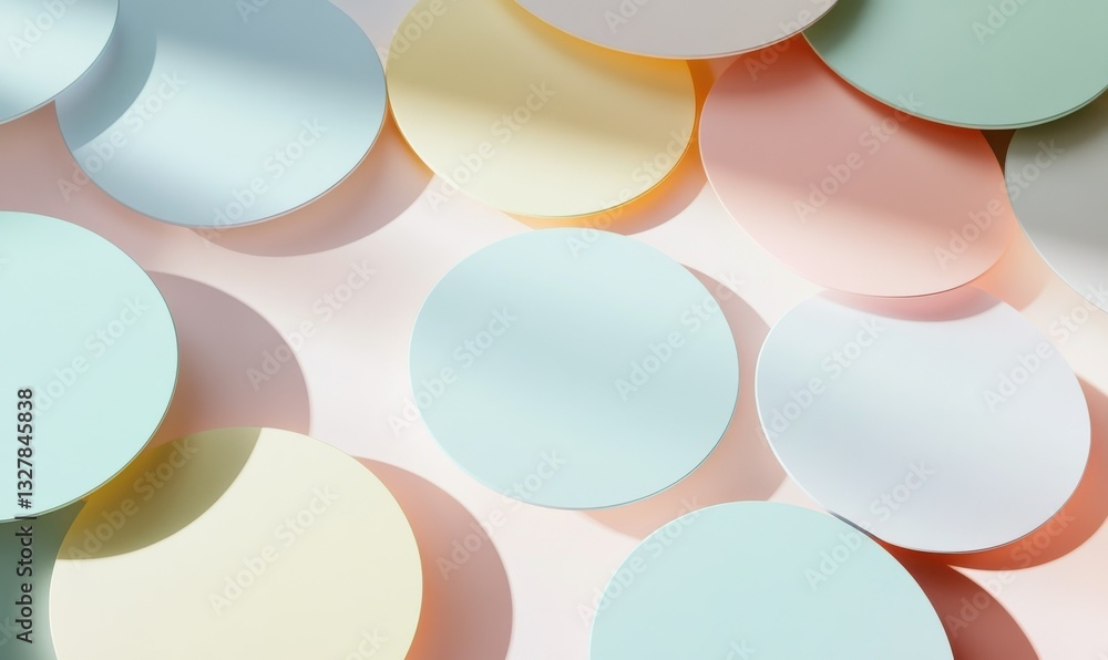 Aufkleber abstract arrangement of circular shapes in pastel tones, soft light casting gentle shadows creating 