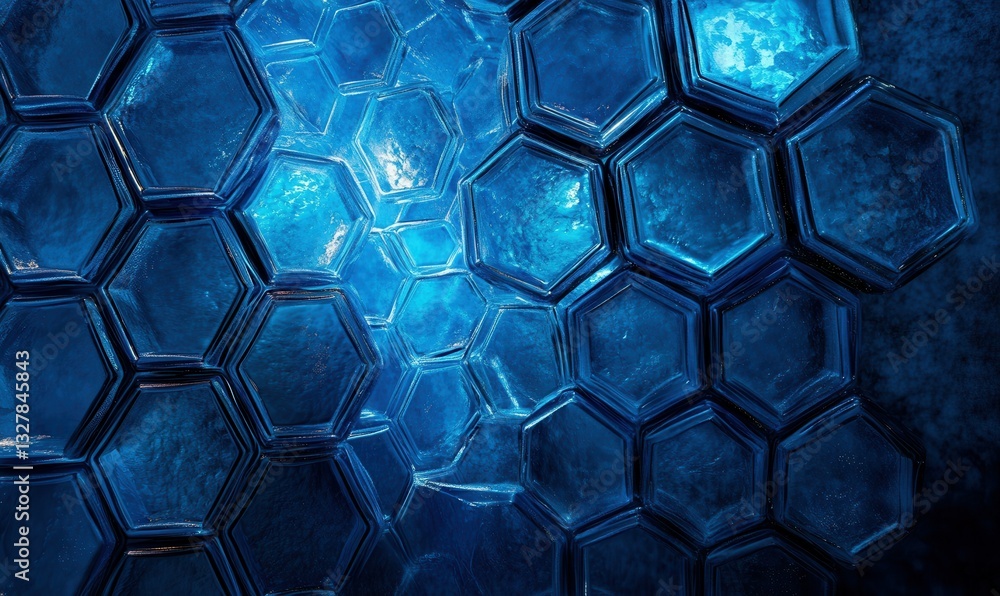 Poster exploring a blue hexagonal tunnel with a glowing futuristic vibe