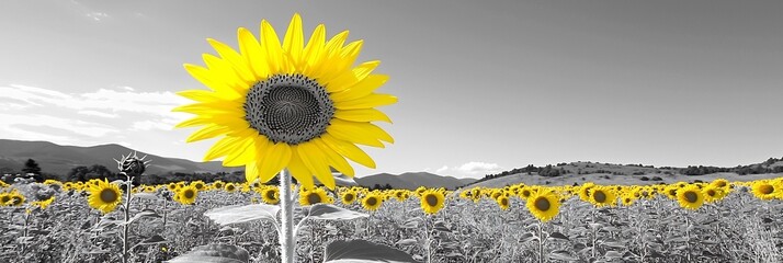 Desaturated sunflower field with a single bright yellow bloom standing out symbolizing uniqueness and beauty