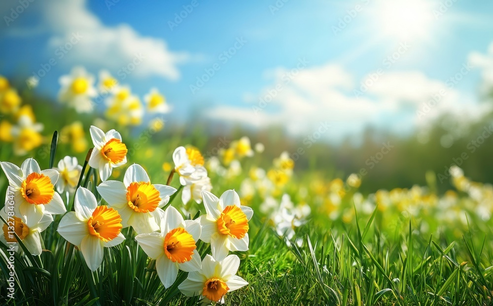 Aufkleber bright spring daffodils in bloom with soft sunshine and gentle clouds, creating a cheerful and color