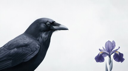 Obraz premium A black bird perches on top of a purple bloom beside two flowers, purple and white, in front of a gray backdrop
