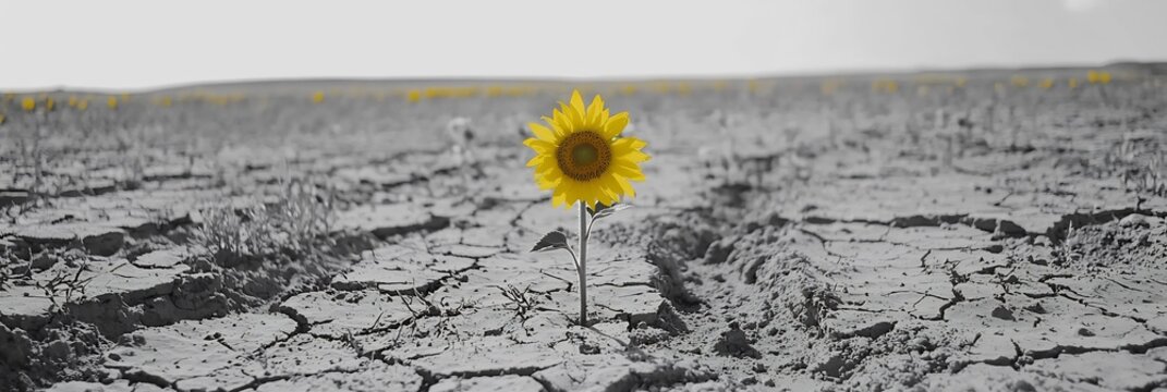 Desaturated sunflower field with a single bright yellow bloom standing out symbolizing uniqueness and beauty