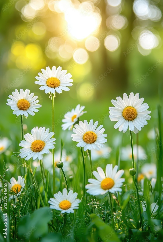 Poster bright spring daisies blooming in green field with soft sunlight and gentle bokeh background creatin