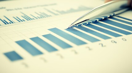 Pen points at blue bar graph on paper, blurred financial charts background
