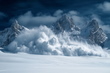 snow covered mountains in winter during an avalanche 