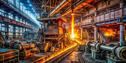 High-Resolution Stock Photo: Steel Mill Interior, Heavy Industry Production Line