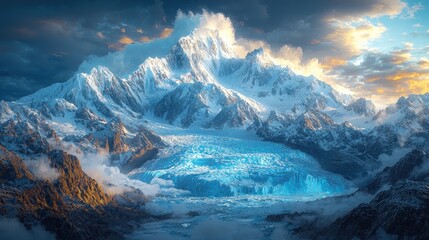 Majestic snow-capped mountain range with glacier at sunset.