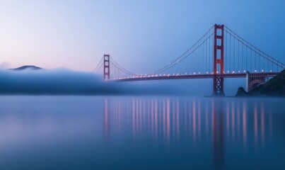 Fog envelops a bridge standing tall over calm waters