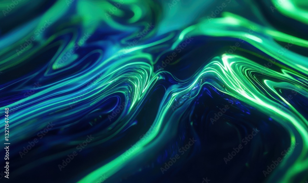 Poster artistic flowing neon blue and green wave-like lines illuminated against a sleek dark background cre