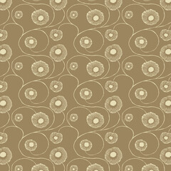 Fototapeta premium Retro beige floral line pattern on a warm brown background. Perfect for vintage textiles, wallpaper, and elegant decorative themes.
