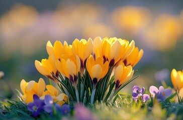 Bright Yellow Crocus Flowers Blooming in a Spring Meadow Surrounded by Delicate Purple Violets Under Soft Warm Natural Light