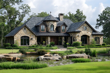 Obraz premium Elegant stone house surrounded by lush greenery and a serene pond under a bright sky