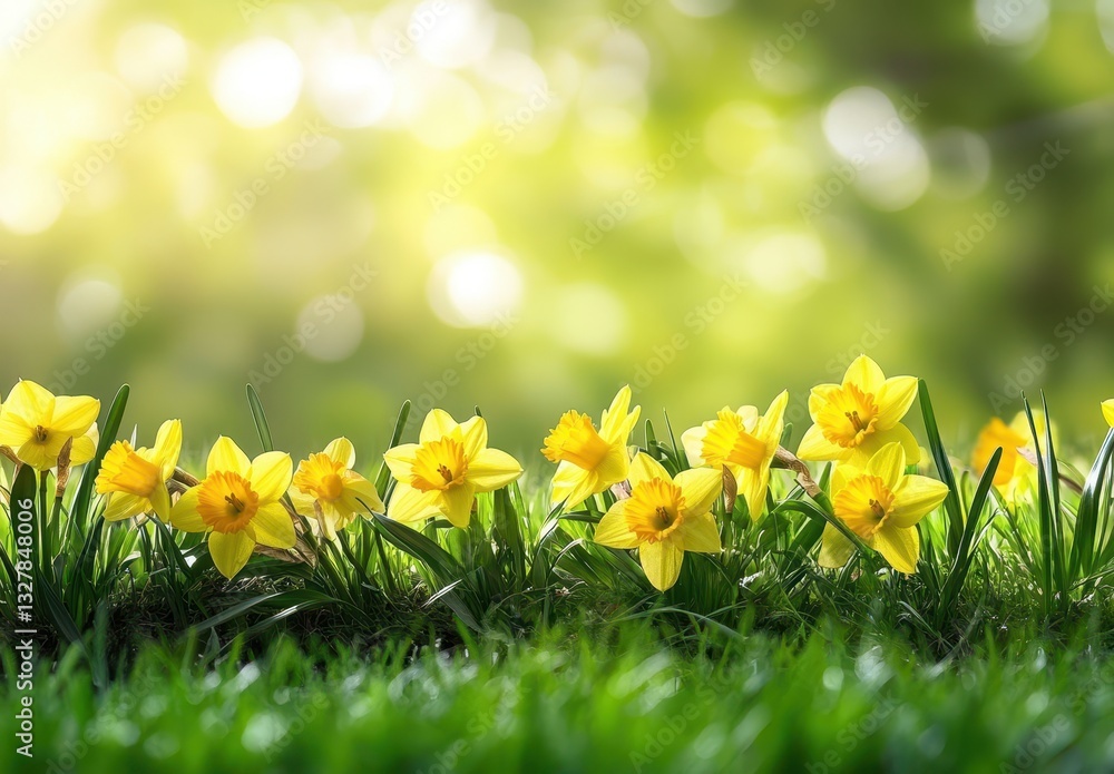 Poster bright yellow daffodils blooming in lush green grass under soft sunlight with bokeh background for f