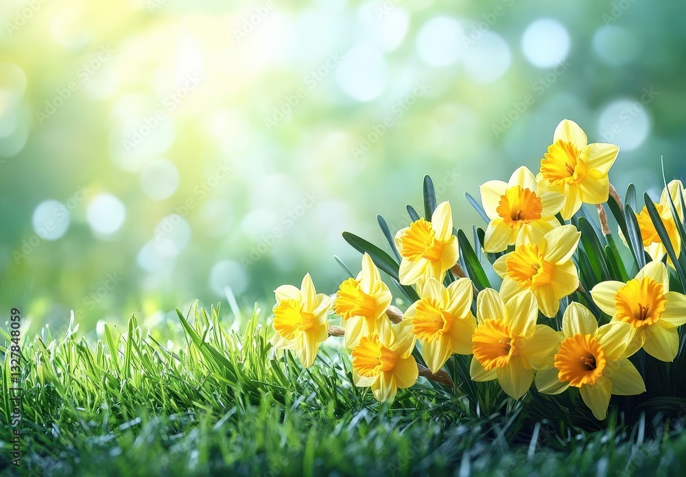 Poster bright yellow daffodils blooming in sunlit grass with soft green background creating a cheerful spri