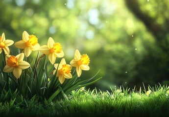 Fototapeta premium Bright Yellow Daffodils Blooming in Vibrant Green Grass Under Soft Sunshine with a Blurry Nature Background in Springtime