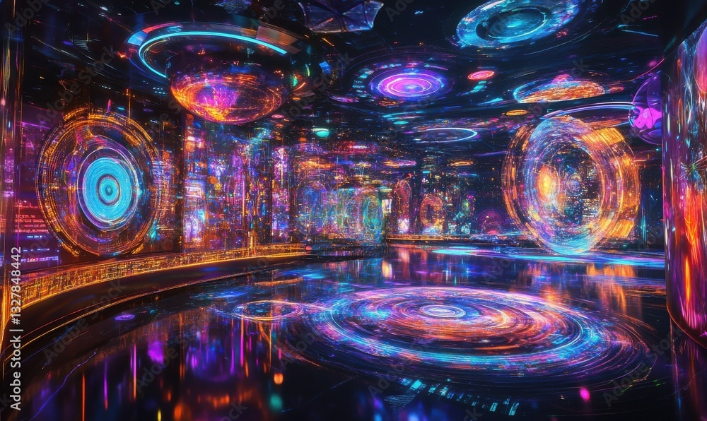 Poster a colorful digital landscape with swirling geometric shapes and glowing lights, creating a dynamic a
