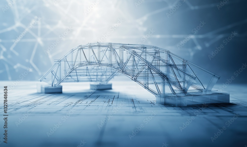Poster a delicate bridge made of blueprints, showcasing architectural design with soft glowing elements in 