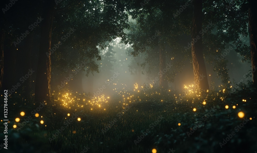 Poster a dark forest with glowing fireflies, soft mist creating a mysterious and magical atmosphere .
