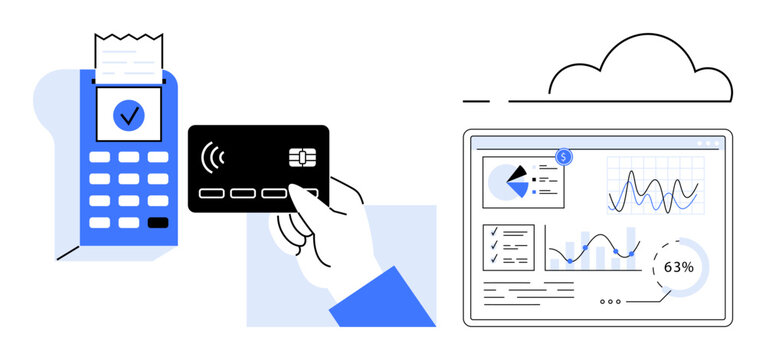 Hand holding a card near payment terminal with receipt, connected to a screen displaying cloud-based analytics. Ideal for finance, technology, digital payments, business insights, cloud computing