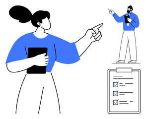 Woman holding tablet gesturing forward, man presenting report, checklist with completed tasks. Ideal for teamwork, project management, leadership, coaching, productivity, communication flat simple