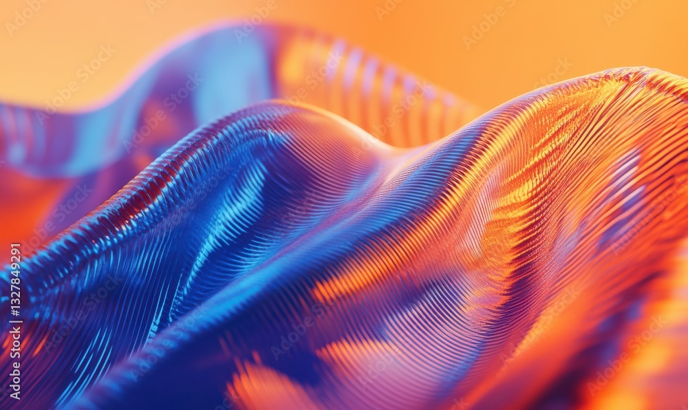 Poster digital wave patterns in vibrant blue and orange hues illuminated by gradient light creating a bold 