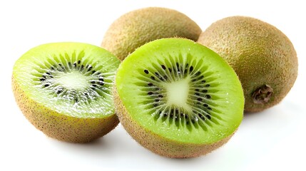 Fototapeta premium Fresh Kiwi Fruit Halves and Whole Kiwis Isolated on White Background