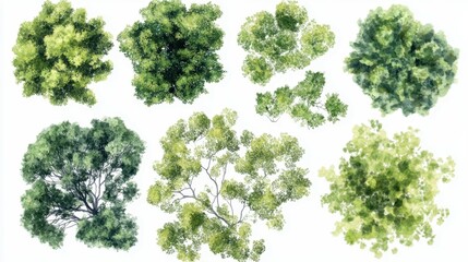 Various green trees, bushes and shrubs, top view for landscape design plan. Vector watercolor illustration, isolated on white background.