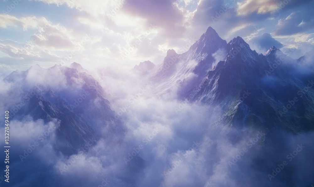 Poster dramatic mountain range blanketed in mist with soft rays of sunlight breaking through clouds, creati