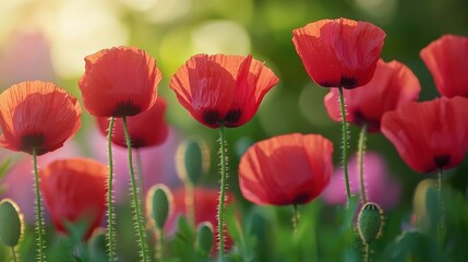 Obraz premium Red flowers surrounded by green grass, pink foreground blur