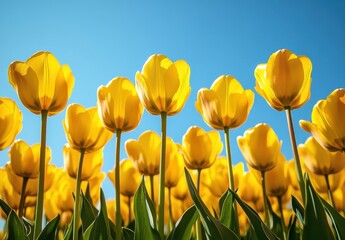 Obraz premium Bright Yellow Tulips in Bloom Against a Clear Blue Sky, Capturing the Essence of Springtime Vibrance and Natural Beauty in Garden Landscape