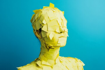 A person covered in yellow sticky notes on a blue background