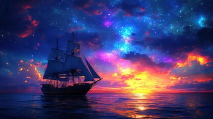 Obraz premium Starry ship at sunset