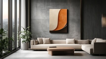 A minimalist modern living room with a charcoal-grey concrete wall, a warm beige sofa, and an abstract art piece on the wall
