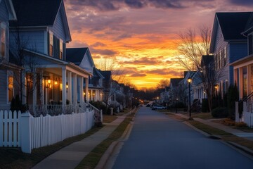 Sunset Over a Serene Residential Neighborhood with Cozy Homes and Warm Streetlights