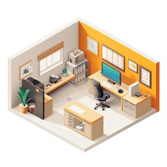 Small office isometric view, modern workspace