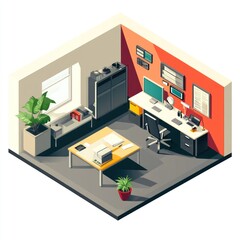Isometric office interior design.  Small, detailed workspace with multiple desks, computer equipment, and window