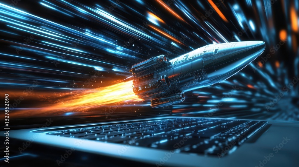 Fototapete A spaceship blasting from a laptop computer with speed lines showing movement