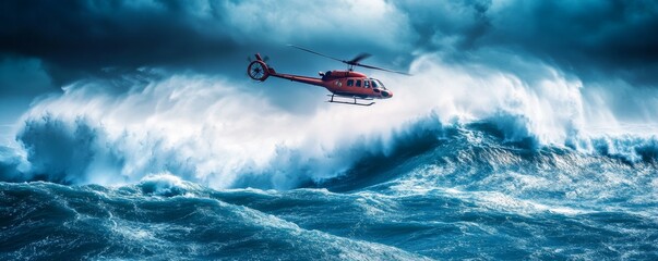 Helicopter flying over turbulent ocean waves beneath stormy gray sky.