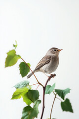A small sparrow perches gracefully on a thin branch surrounded by vibrant green leaves against a white background.