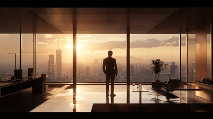 Silhouette of a Person in Modern Office Overlooking Cityscape at Sunset