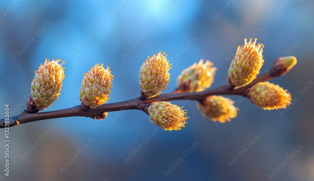 Poster close-up of budding catkins on a branch during spring with soft blue background highlighting nature'