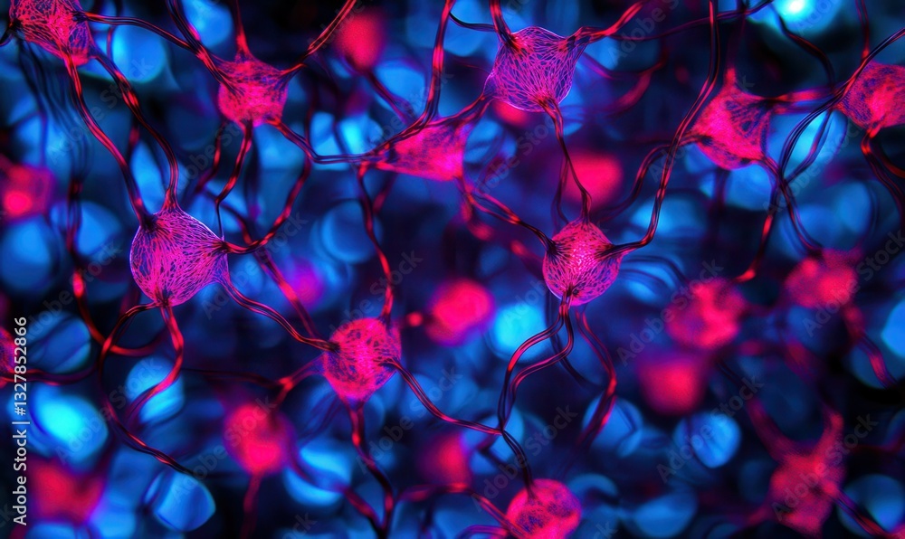 Poster abstract digital pattern of glowing neural connections in vibrant blue and red hues, futuristic desi