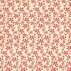 Vintage floral pattern with small red and brown flowers on cream background. Seamless charming design ideal for quilting, retro textiles, and country-style decor.