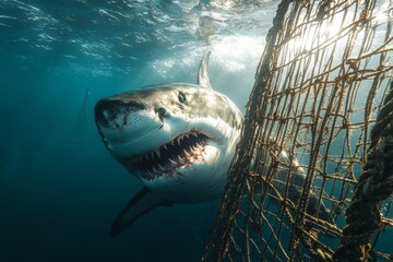 A great white shark swims closely toward a fishing net under clear blue water, showcasing its powerful teeth in the bright light of midday Generative AI