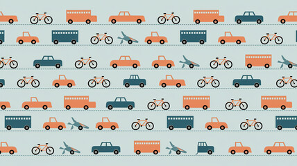 Repeating pattern of cars, buses, and bicycles on a light-blue background, showcasing a playful transportation theme, ideal for children's products or cheerful design