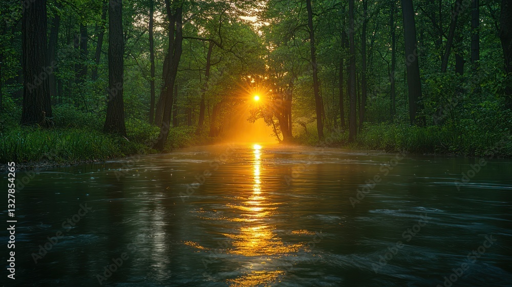 Poster sunlit forest path reflected in calm river at dawn.